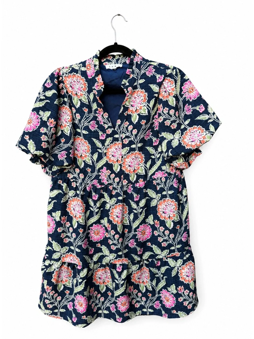 THML Dress Mini Floral Teacher Navy Puff Sleeve Boho Glam Chic Medium